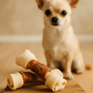 wit geknoopt bot met eend hondensnack