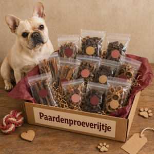 Proefbox met verschillende gedroogde paardensnacks voor honden