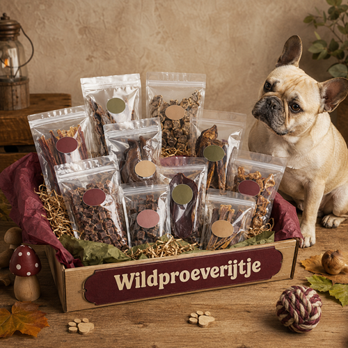 Wildproeverijtje met verschillende natuurlijke wildsnacks voor honden