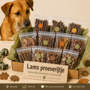 Lams proeverijtje met verschillende lamsnacks voor honden