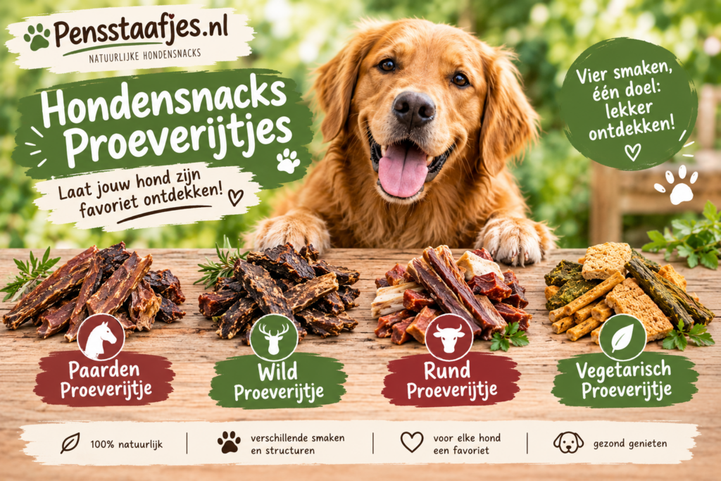 Hondensnacks proeverijtje met paard, wild, rund en vegetarische snack