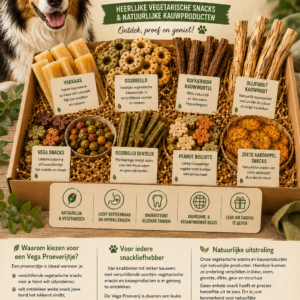 Vega Proeverijtje met verschillende vegetarische hondensnacks en natuurlijke kauwproducten